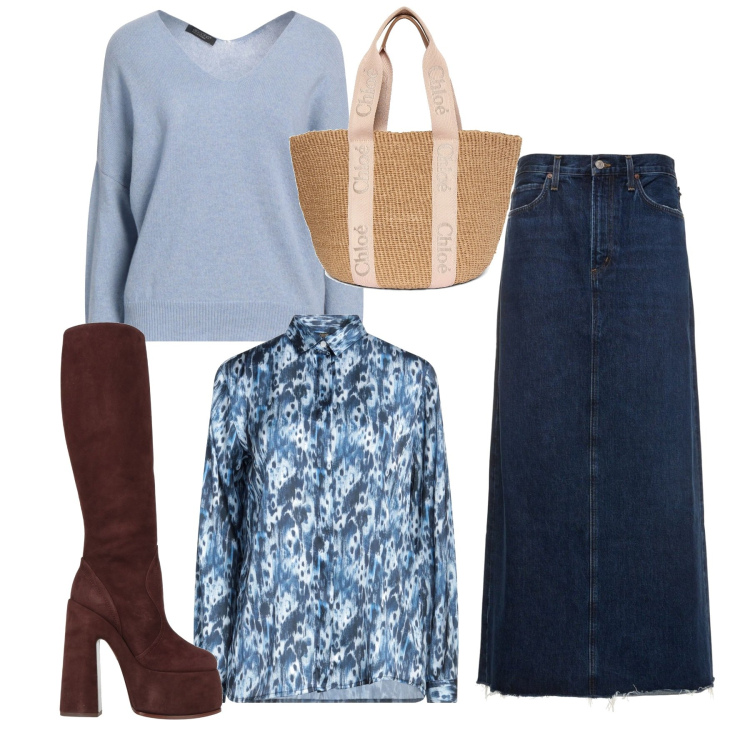 Outfit donna - Gonna denim. Stile Bon Ton per Tutti i giorni. Abbinamento con camicie, stivali, pullovers, shopping bag, gonne.