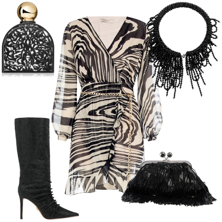 Outfit donna - Serata al ristorante. Stile Glamour per Serata fuori. Abbinamento con stivali, profumi, vestiti, pochette, collane.