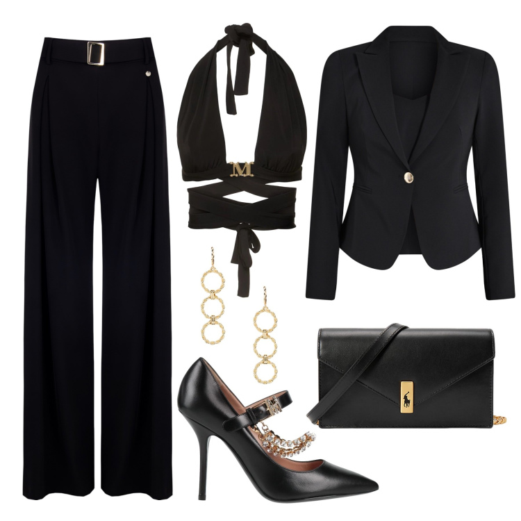Outfit donna - Black in love. Stile Chic per Serata fuori. Abbinamento con décolleté, blazer, pantaloni, clutch, orecchini, top.