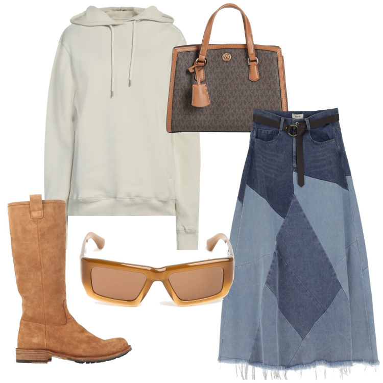 Outfit donna - Denim. Stile Urban per Tutti i giorni. Abbinamento con borse a mano, stivali, felpe con cappuccio, gonne longuette, occhiali da sole.