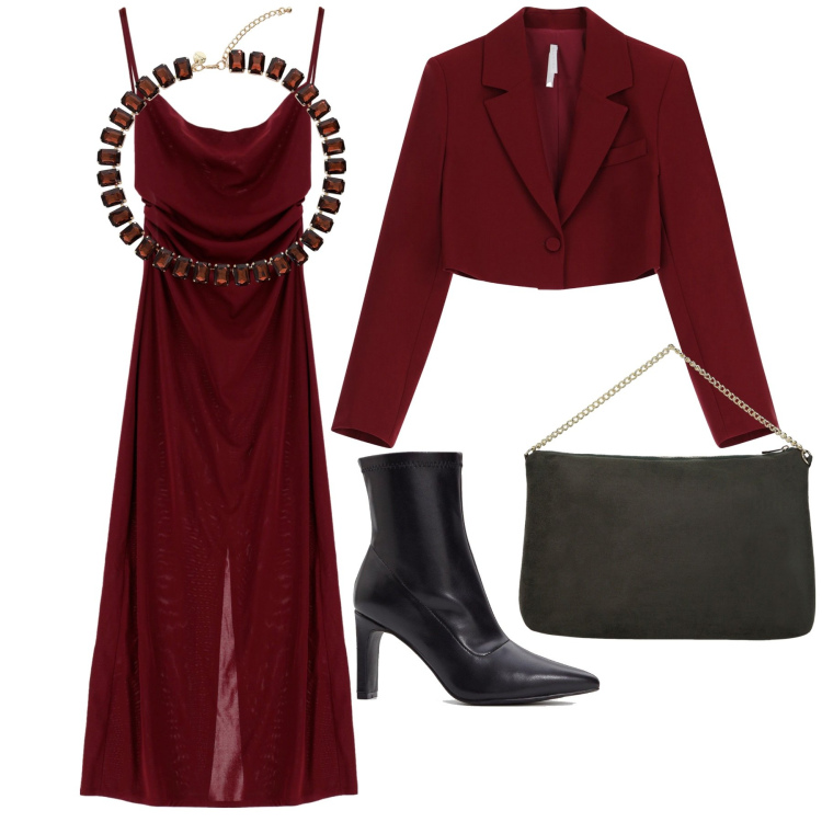 Outfit donna - Burgundi elegante. Stile Chic per Cerimonia. Abbinamento con stivaletti, vestiti midi/longuette, blazer, collane, pochette.