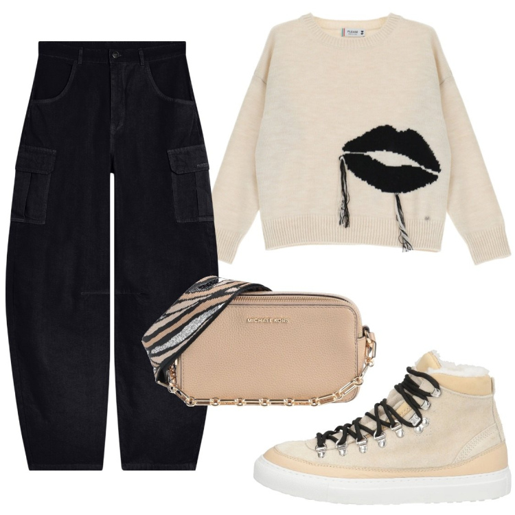 Outfit donna - City. Stile Casual per Tutti i giorni. Abbinamento con sneakers alte, borse a tracolla, maglieria, pantaloni cargo.
