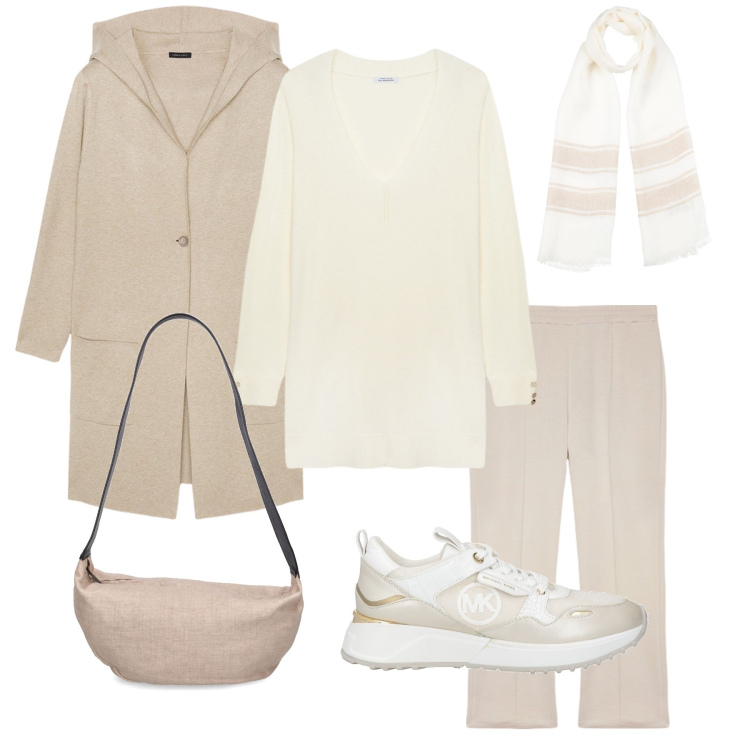 Outfit donna - Sabbia per l’inverno. Stile Bon Ton per Tutti i giorni. Abbinamento con sneakers, sciarpe, maglieria, pantaloni, cardigans, borse a spalla.