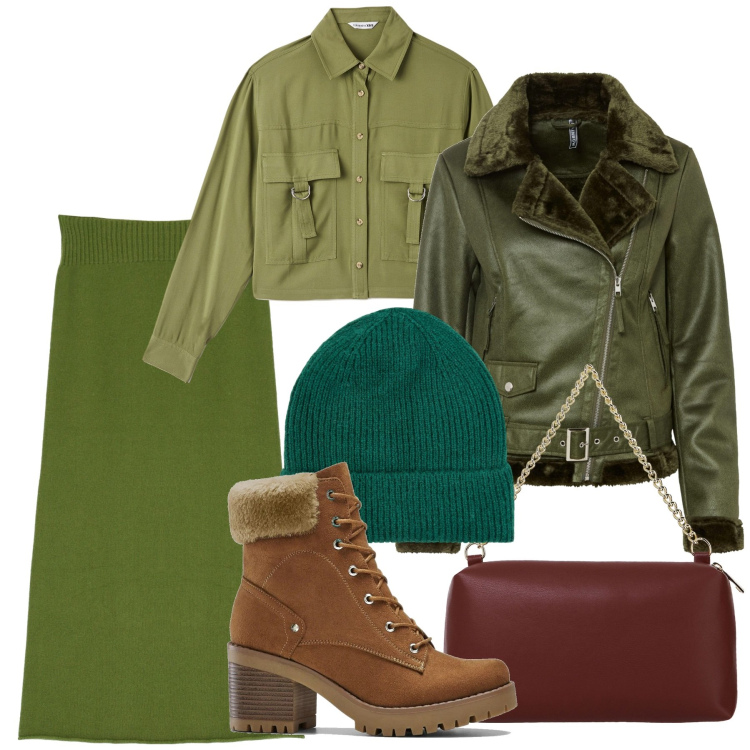 Outfit donna - Verde. Stile Casual chic per Tutti i giorni. Abbinamento con stivaletti, blazer, camicie, berretti, borse a tracolla, gonne longuette.