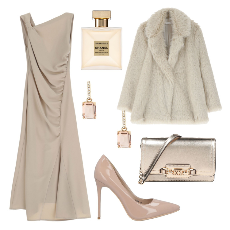 Outfit donna - Nude con l’abito asimmetrico. Stile Chic per Serata fuori. Abbinamento con borse a mano, décolleté, profumi, vestiti asimmetrici, ecopellicce, orecchini.