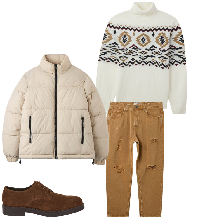 Outfit uomo - Pullover. Stile Casual per Tutti i giorni. Abbinamento con maglieria, piumini, jeans strappati, scarpe stringate.