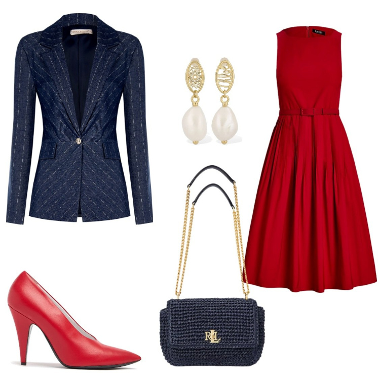 Outfit donna - Regina. Stile Chic per Serata fuori. Abbinamento con blazer, borse a spalla, vestiti, orecchini, décolleté.