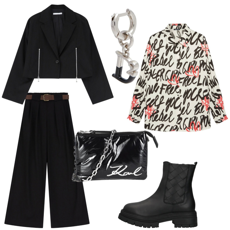 Outfit donna - Look sbarazzino. Stile Casual chic per Serata fuori. Abbinamento con borse a mano, orecchini, stivaletti, blazer, pantaloni a palazzo, camicie.