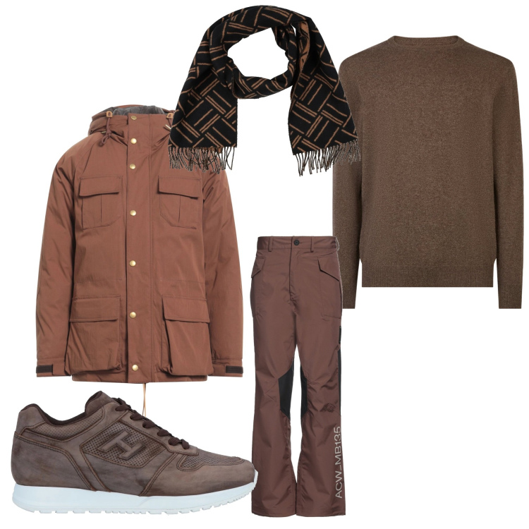 Outfit uomo - Gennaio marrone. Stile Casual per Tutti i giorni. Abbinamento con sneakers, piumini, sciarpe, pantaloni, maglieria.