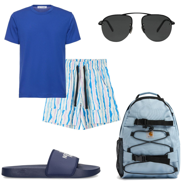 Outfit uomo - Mare blu. Stile Casual per Mare. Abbinamento con occhiali da sole, bermuda, sandali, borse sportive, t-shirt.