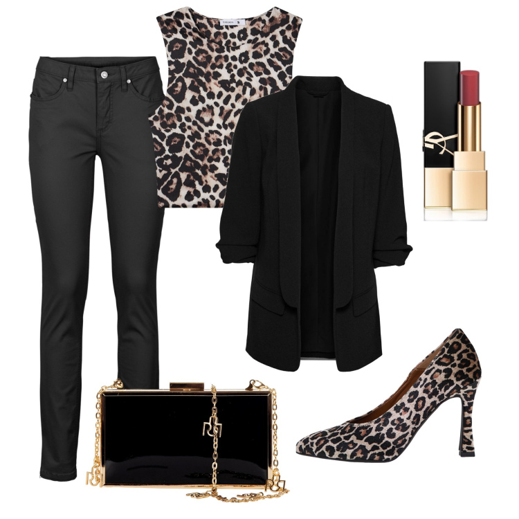 Outfit donna - In love con i jeans. Stile Casual chic per Serata fuori. Abbinamento con jeans skinny, blazer, rossetti, top, pochette, décolleté.