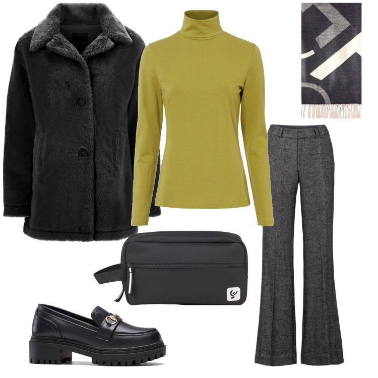 Outfit donna - Al lavoro basic. Stile Basic per Ufficio. Abbinamento con pantaloni a palazzo, maglieria, mocassini, cappotti, valigie, sciarpe.