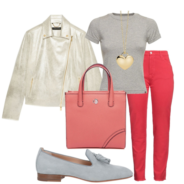 Outfit donna - Febbraio il mese del rosso. Abbinamento con pantaloni, mocassini, collane, blazer, t-shirt, shopping bag.