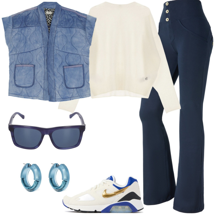 Outfit donna - Total look #2047548. Stile Casual per Tutti i giorni. Abbinamento con pantaloni skinny, camicie, pullovers, orecchini, occhiali da sole, sneakers.