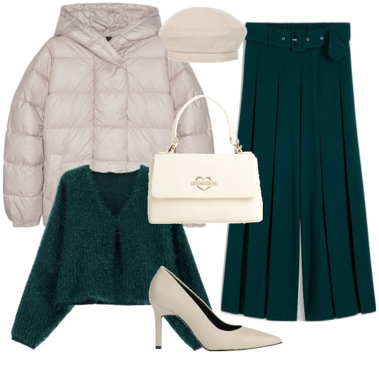 Outfit donna - Verde vita. Stile Chic per Tutti i giorni. Abbinamento con pantaloni, décolleté, borse a mano, cardigans, cappelli e berretti, piumini.