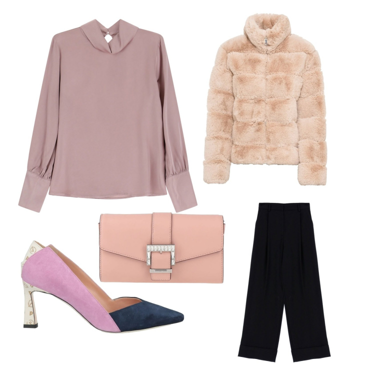 Outfit donna - Barcollo ma non mollo. Stile Chic per Ufficio. Abbinamento con ecopellicce, borse a mano, décolleté, camicie, pantaloni.