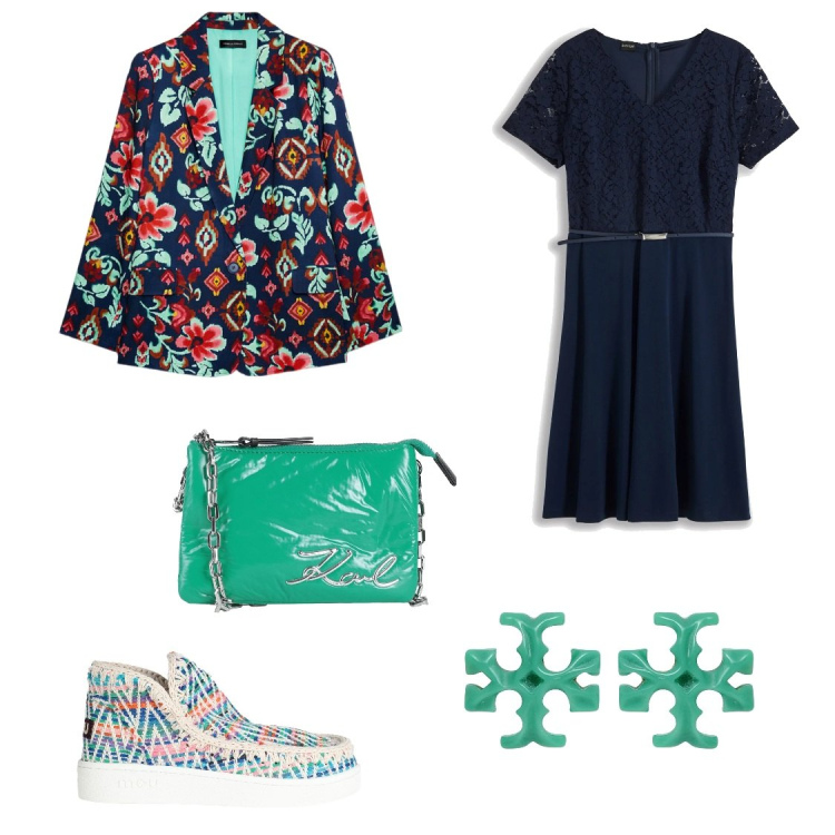 Outfit donna - Moderna in fantasia. Stile Casual chic per Serata fuori. Abbinamento con vestiti corti, stivaletti, borse a mano, orecchini, blazer.