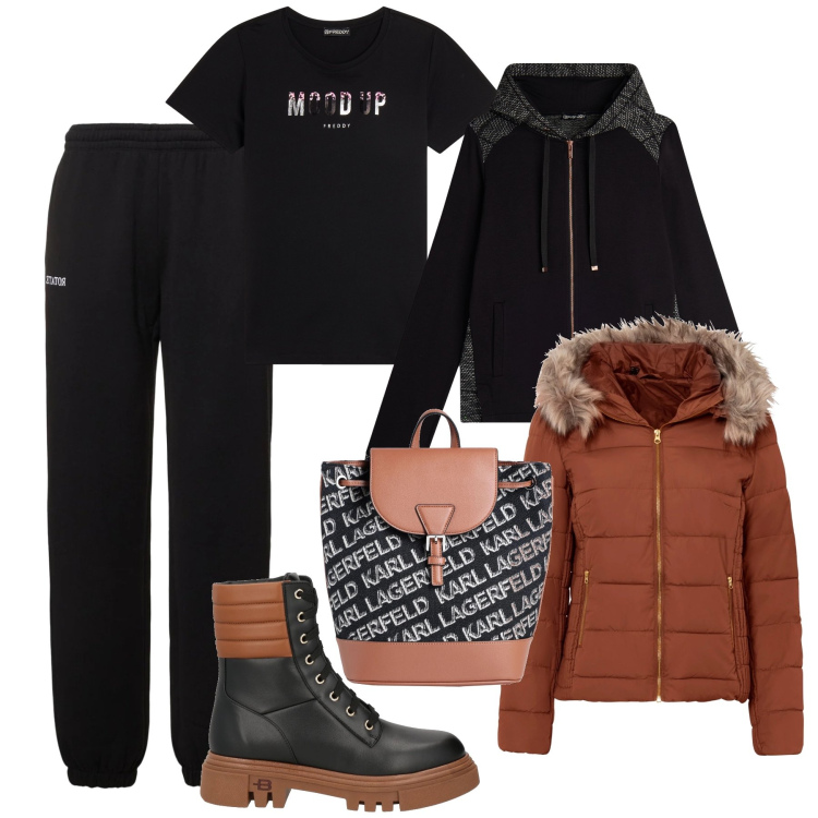 Outfit donna - In tuta a strati. Stile Casual per Tutti i giorni. Abbinamento con giacche, stivaletti, zaini, felpe con cappuccio, t-shirt, pantaloni.