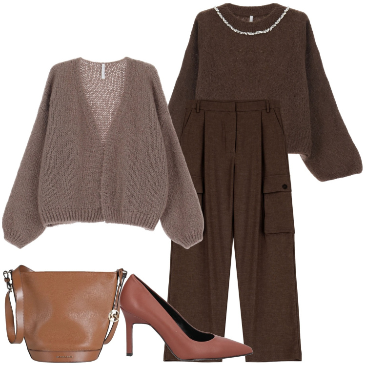 Outfit donna - Pantaloni cargo. Stile Casual chic per Serata fuori. Abbinamento con décolleté, borse a spalla, maglieria, pantaloni, cardigans.