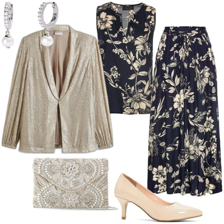 Outfit donna - Outfit cerimonia. Stile Bon Ton per Cerimonia. Abbinamento con gonne lunghe, top, pochette, blazer, décolleté, orecchini.