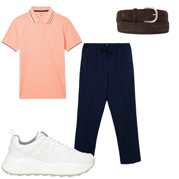 Outfit uomo - Un pomeriggio libero. Stile Casual per Tutti i giorni. Abbinamento con sneakers, polo, pantaloni, cinture.