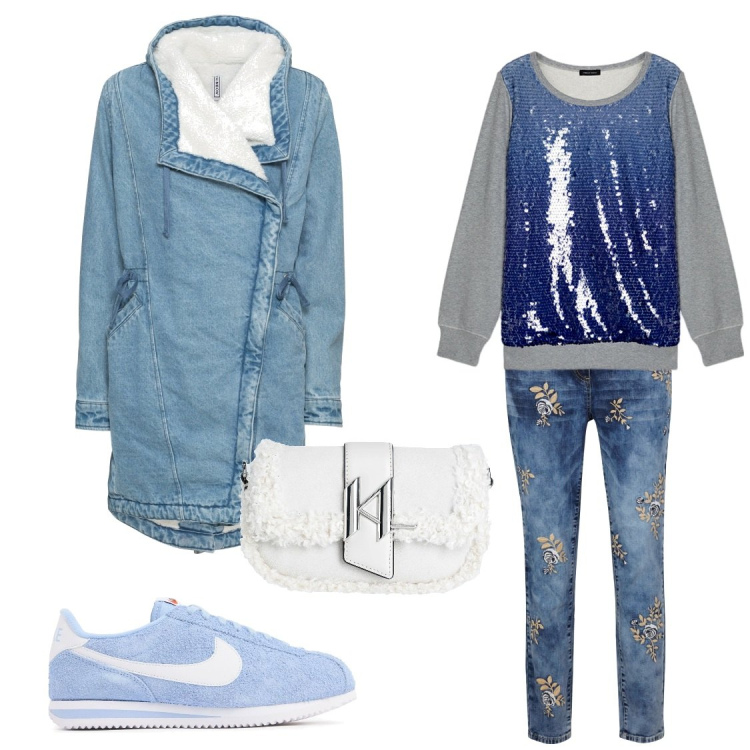 Outfit donna - Ragazza in denim. Stile Casual chic per Tutti i giorni. Abbinamento con jeans, cappotti, borse a spalla, felpe, sneakers.