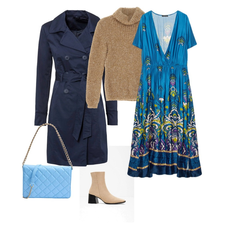 Outfit donna - Vestito azzurro. Stile Casual chic per Tutti i giorni. Abbinamento con trench, stivaletti, borse a tracolla, maglieria, vestiti lunghi.
