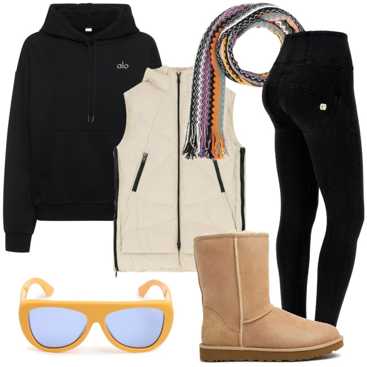 Outfit donna - Passeggiata con Fido. Stile Sporty chic per Tutti i giorni. Abbinamento con sciarpe, jeggings, blazer, stivali, felpe con cappuccio, occhiali da sole.