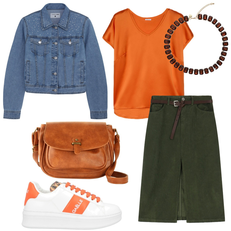 Outfit donna - Total look #2047624. Stile Casual per Tutti i giorni. Abbinamento con borse a tracolla, sneakers, cappotti, collane, gonne, t-shirt.