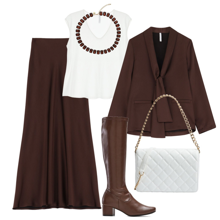 Outfit donna - Ebano e bianco di sera. Stile Glamour per Serata fuori. Abbinamento con stivali, borse a tracolla, gonne lunghe, blazer, top, collane.