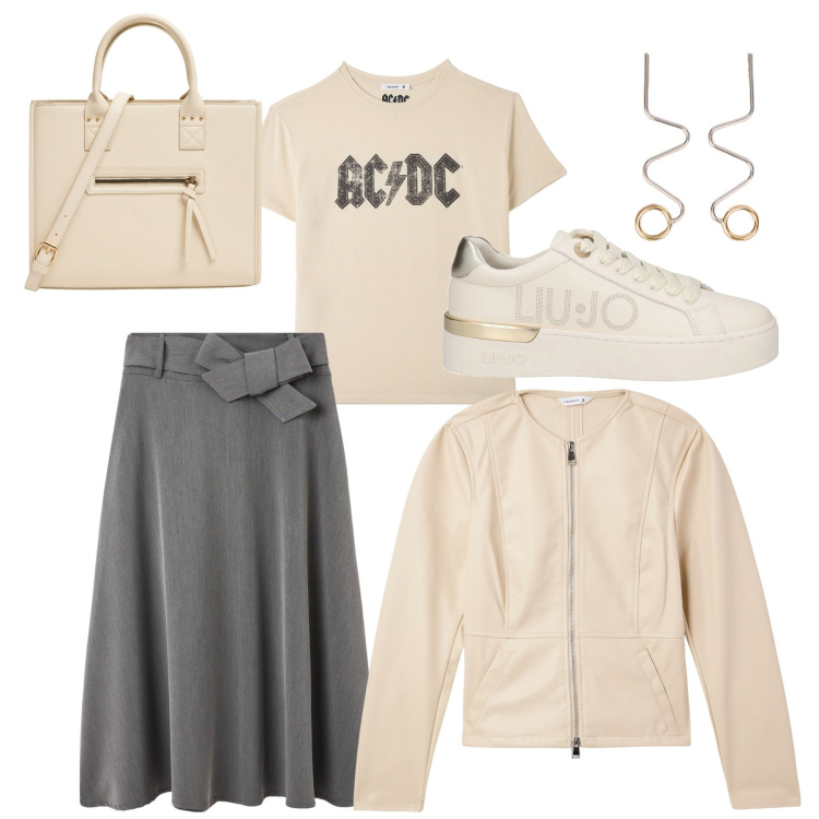 Outfit donna - Basic. Stile Basic per Tutti i giorni. Abbinamento con sneakers, blazer, gonne lunghe, t-shirt, shopping bag, orecchini.