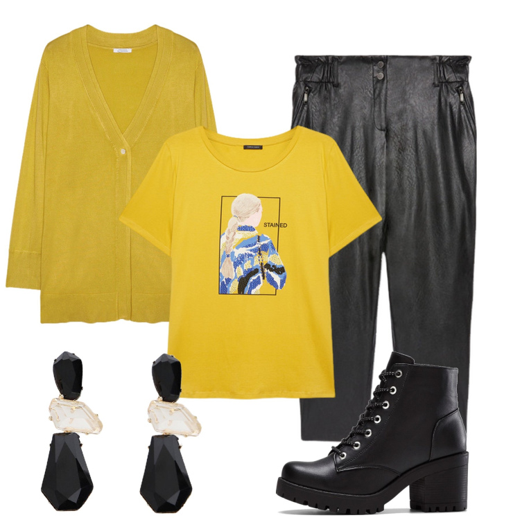 Outfit donna - Treccia. Stile Glamour per Tutti i giorni. Abbinamento con stivaletti, orecchini, t-shirt, pantaloni, cardigans.