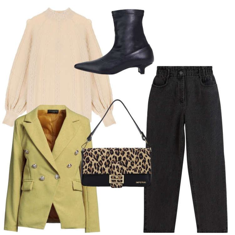 Outfit donna - Il tacchetto. Stile Chic per Tutti i giorni. Abbinamento con blazer, jeans, borse a spalla, stivaletti, maglieria.