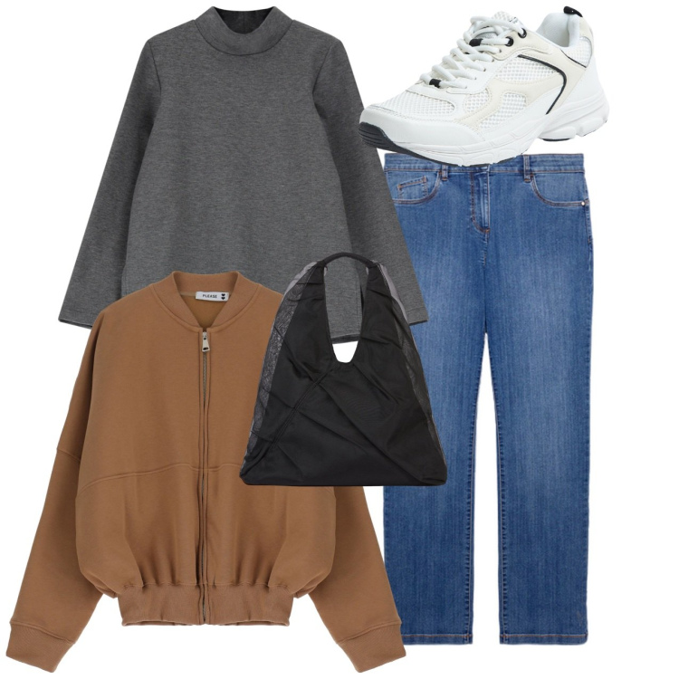 Outfit donna - Sneakers. Stile Basic per Tutti i giorni. Abbinamento con sneakers, felpe, maglieria, shopping bag, jeans dritti.