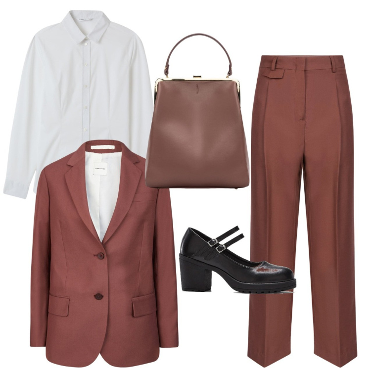 Outfit donna - Il completo terracotta. Stile Bon Ton per Ufficio. Abbinamento con décolleté, camicie, pantaloni, blazer, borse a spalla.