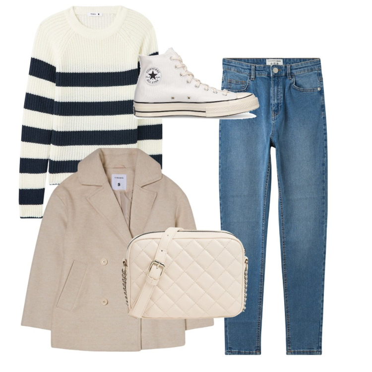 Outfit donna - Converse. Stile Basic per Tutti i giorni. Abbinamento con jeans skinny, maglieria, borse a tracolla, caban, sneakers.