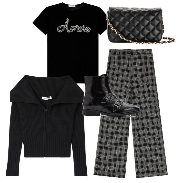 Outfit donna - Total black. Stile Urban per Tutti i giorni. Abbinamento con borse a tracolla, stivaletti, cardigans, t-shirt, pantaloni a palazzo.