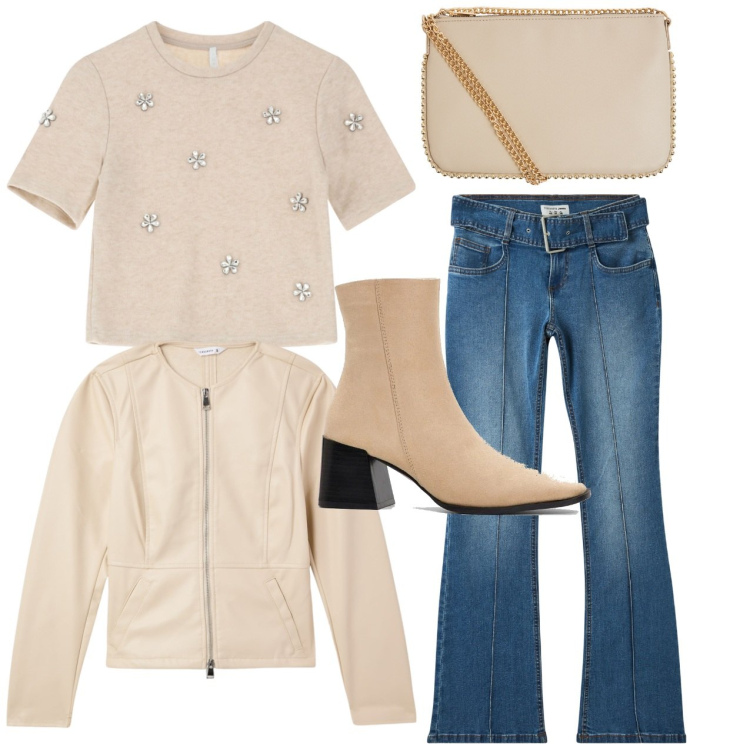 Outfit donna - Jeans e beige. Stile Casual chic per Tutti i giorni. Abbinamento con stivaletti, borse a tracolla, blazer, jeans a zampa, maglieria.