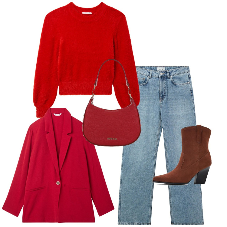 Outfit donna - Jeans e rosso. Stile Casual chic per Ufficio. Abbinamento con stivaletti texani, blazer, jeans, maglieria, borse a spalla.