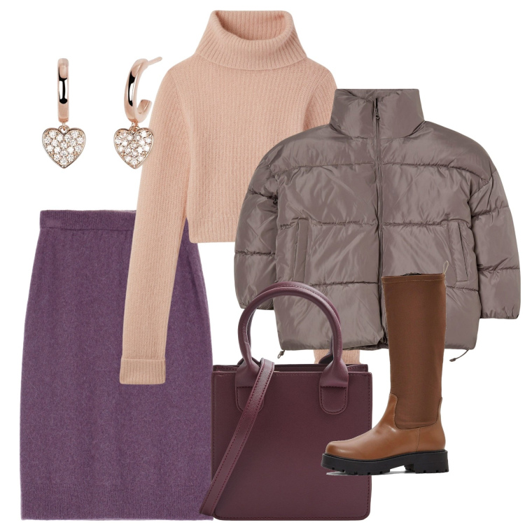 Outfit donna - I malva. Stile Bon Ton per Tutti i giorni. Abbinamento con stivali, maglieria, blazer, shopping bag, orecchini, gonne longuette.