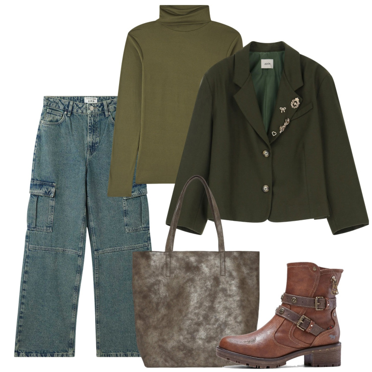 Outfit donna - La shopper bronzo. Stile Casual per Tutti i giorni. Abbinamento con stivaletti, shopping bag, maglieria, jeans, blazer.