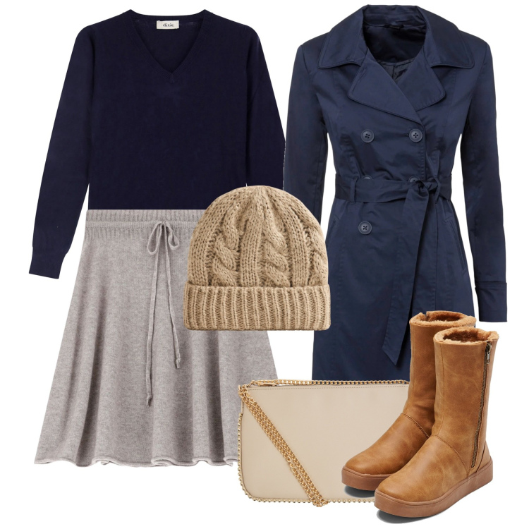 Outfit donna - Gonna in maglina. Stile Bon Ton per Tutti i giorni. Abbinamento con trench, stivali, borse a tracolla, berretti, minigonne, maglieria.