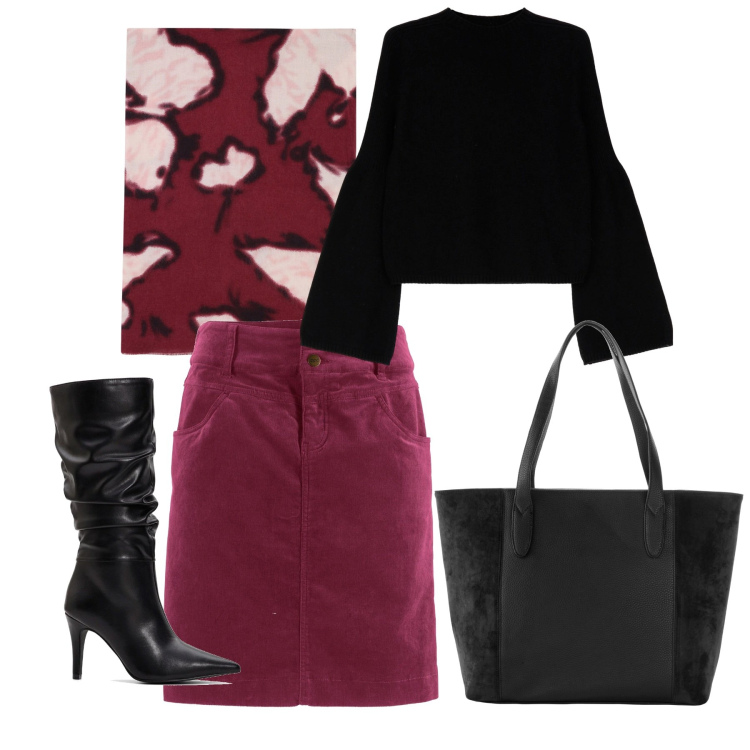 Outfit donna - Geranio a gennaio. Stile Bon Ton per Ufficio. Abbinamento con gonne lunghe, shopping bag, stivali, stole, maglieria.