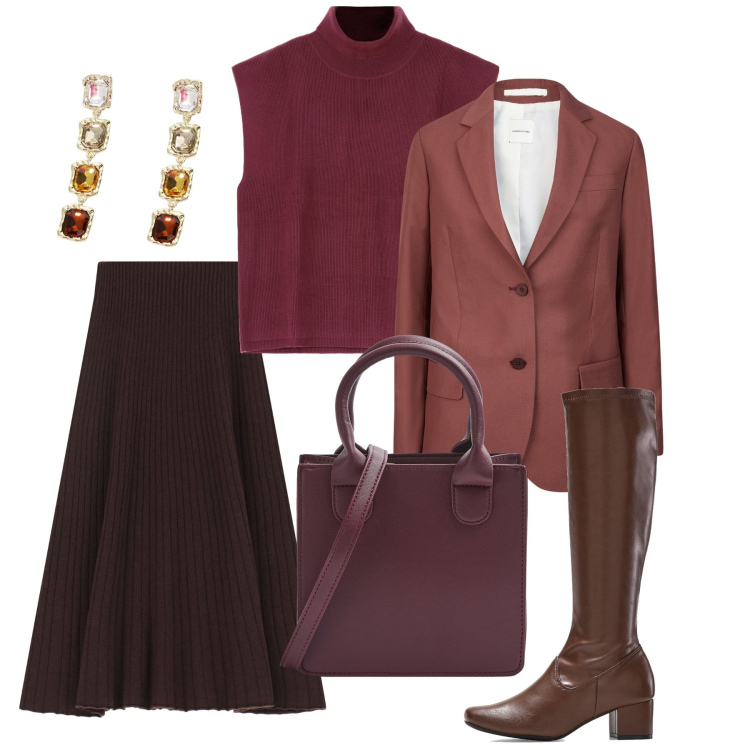 Outfit donna - Wine. Stile Chic per Tutti i giorni. Abbinamento con stivali, shopping bag, gonne longuette, maglieria, orecchini, blazer.
