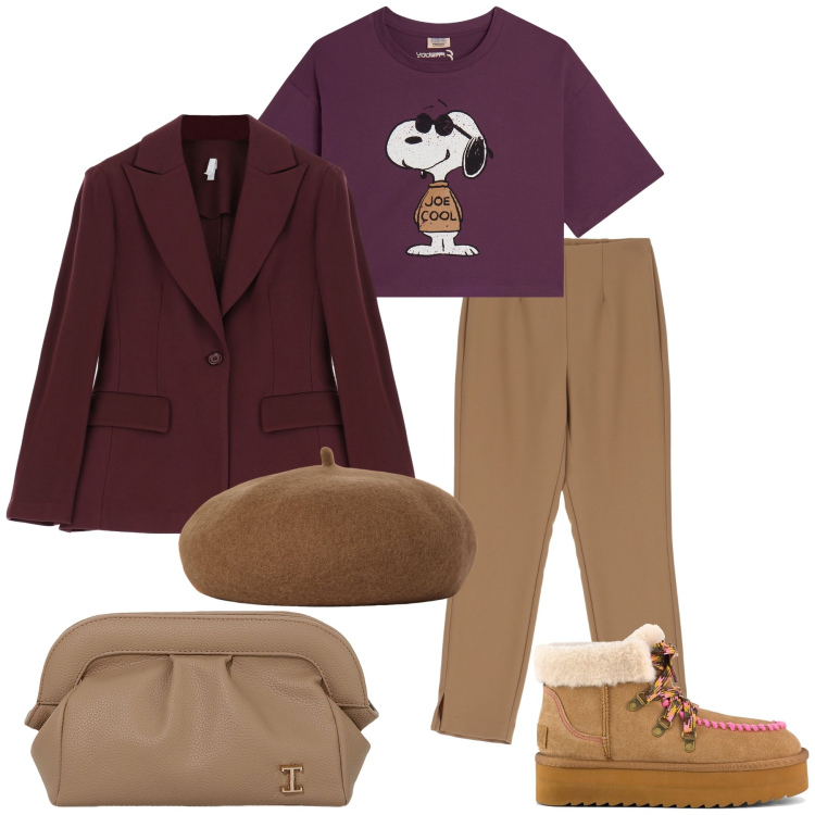 Outfit donna - In ufficio con Snoopy. Stile Trendy per Ufficio. Abbinamento con blazer, pantaloni, borse a mano, t-shirt, cappelli e berretti, stivaletti.