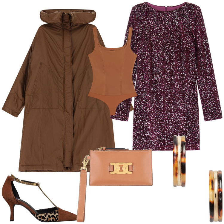 Outfit donna - Serata cioccolata. Stile Trendy per Serata fuori. Abbinamento con pochette, vestiti corti, body, parka, décolleté, orecchini.