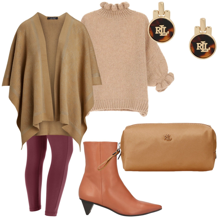 Outfit donna - Pomeriggio in mantella. Stile Trendy per Tutti i giorni. Abbinamento con stivaletti, maglieria, pantaloni skinny, pochette, orecchini, cappe.