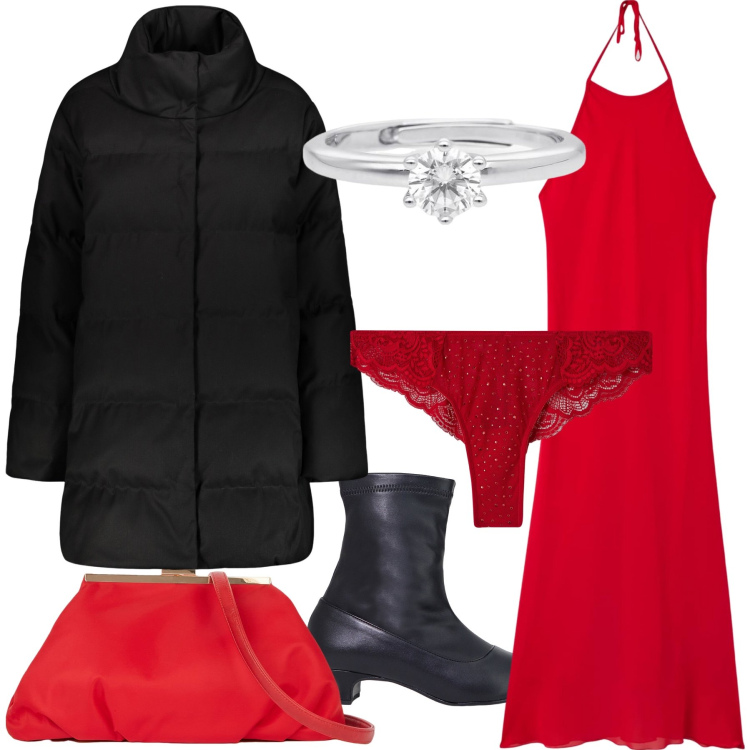 Outfit donna - In rosso per lui. Stile Sexy per Serata fuori. Abbinamento con vestiti midi/longuette, culotte, anelli, stivaletti, cappotti, pochette.