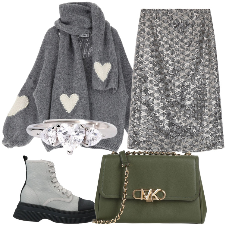 Outfit donna - In pizzeria con il mio amore. Stile Trendy per Serata fuori. Abbinamento con stivaletti, borse a tracolla, anelli, maglieria, gonne.