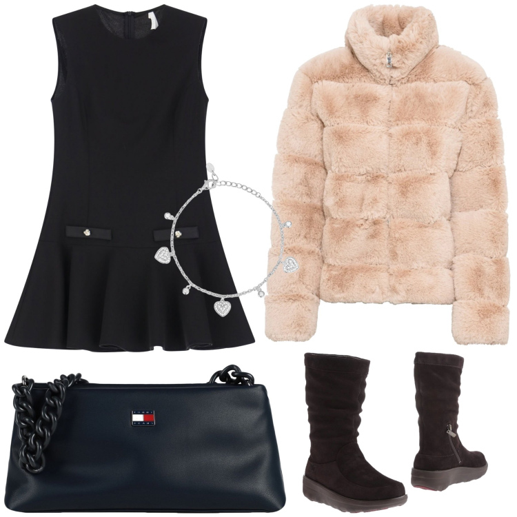 Outfit donna - Girlish. Stile Preppy per Tutti i giorni. Abbinamento con ecopellicce, borse a mano, stivaletti, braccialetti, vestiti corti.